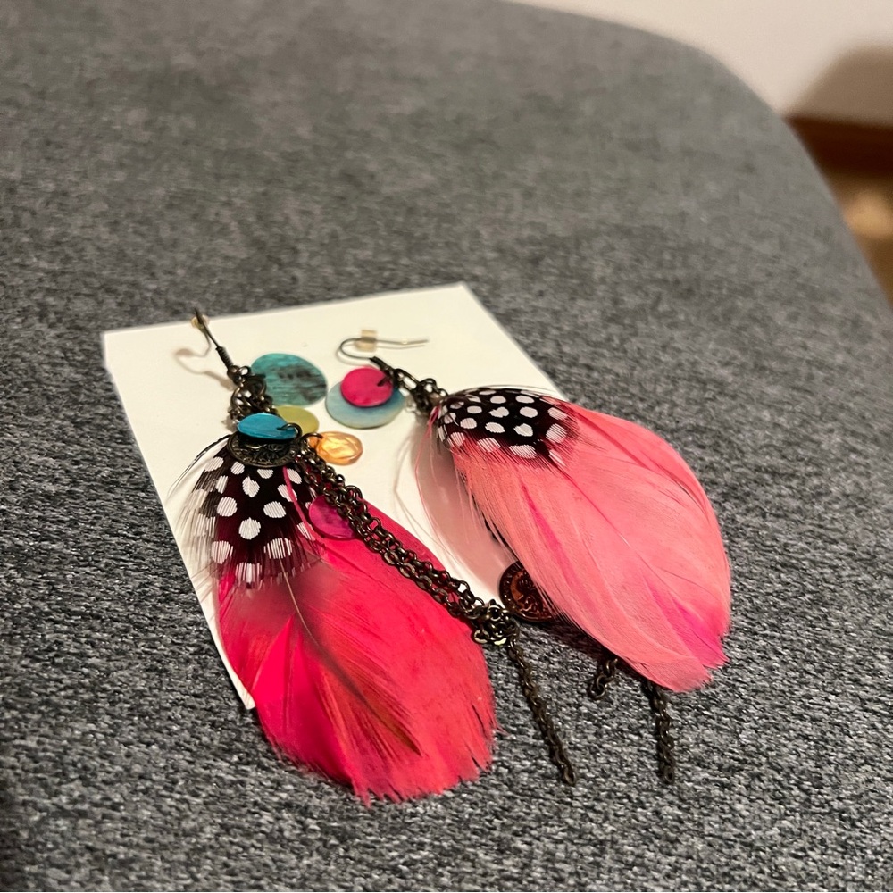 Pink Feather Earrings with Polka Dot Accents